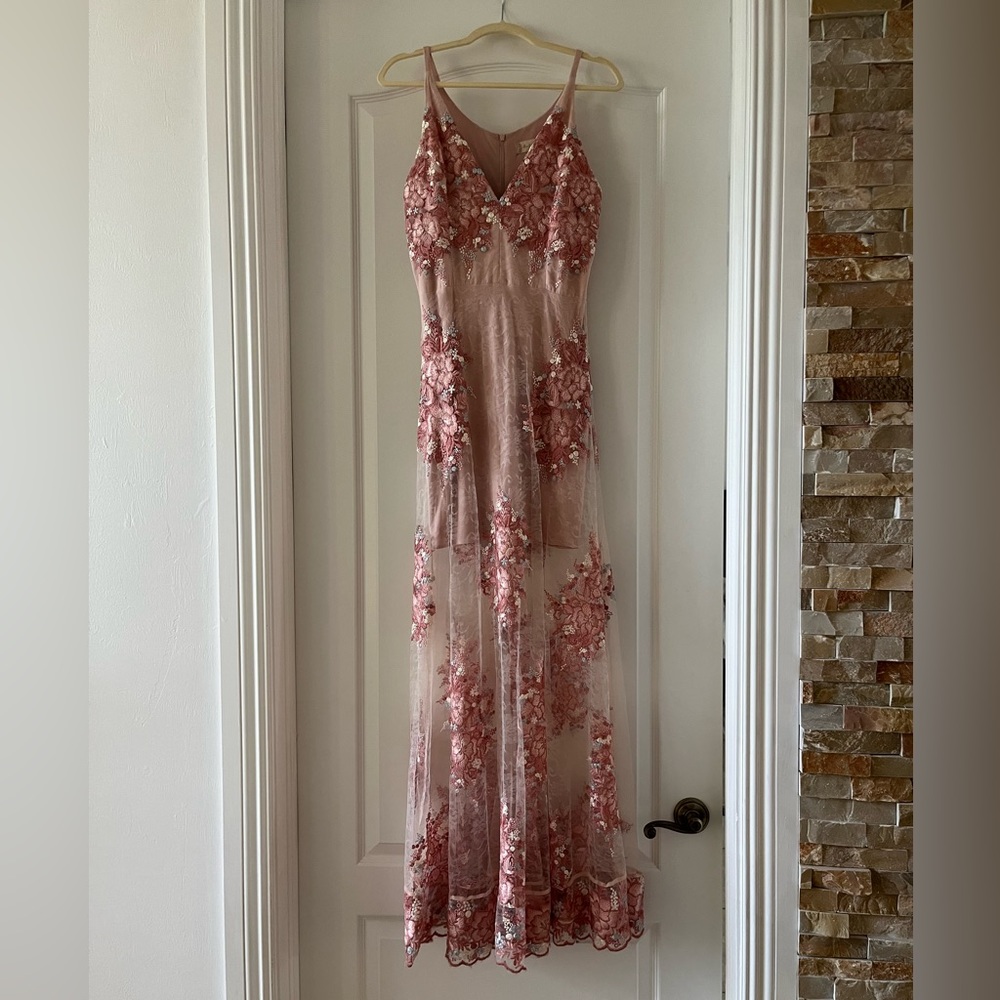 Altar’d State Angelique Embroidered peach lace maxi formal gown
